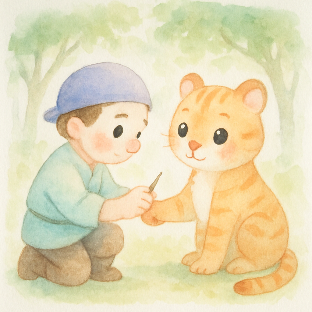 나무꾼이 용기를 내어 호랑이 발의 가시를 뽑아주는 장면